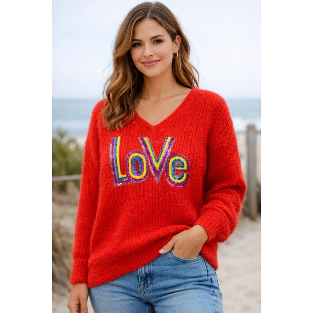 Ambiente Made in Italy Mohair Blend Sweater Red Sequin LOVE One‎ Size